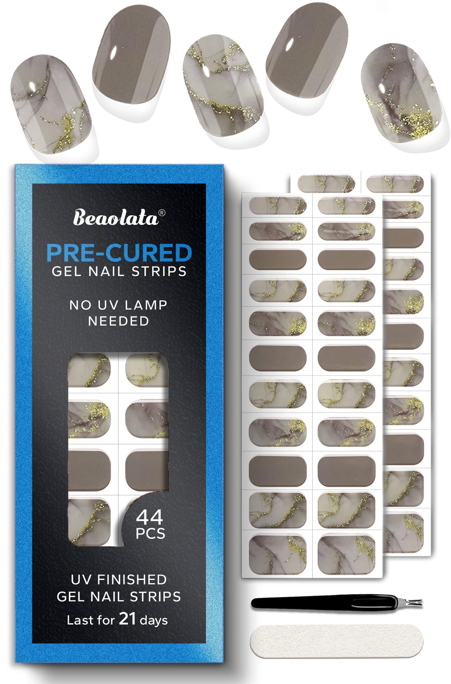 Beaolata Real Gel Nail Strips (No UV Light Needed) - 44Pcs Salon Quality Nail Stickers - Long Lasting Polish Wraps for Women, Easy Apply & Remove (Graphite Grey)