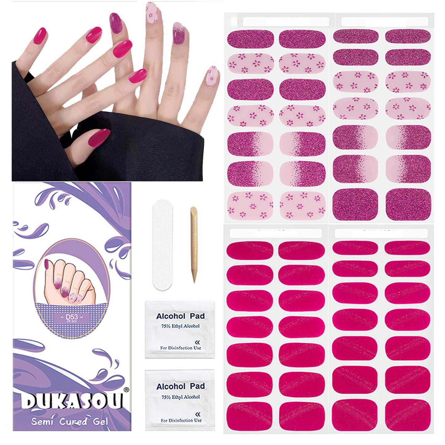 DUKASOU Semi Cured Gel Nail Strips, 56Pcs Nail Art Stickers/Wraps, Long Lasting UV Nail Polish Strips for Adults(Flower Rose Red Glitter)