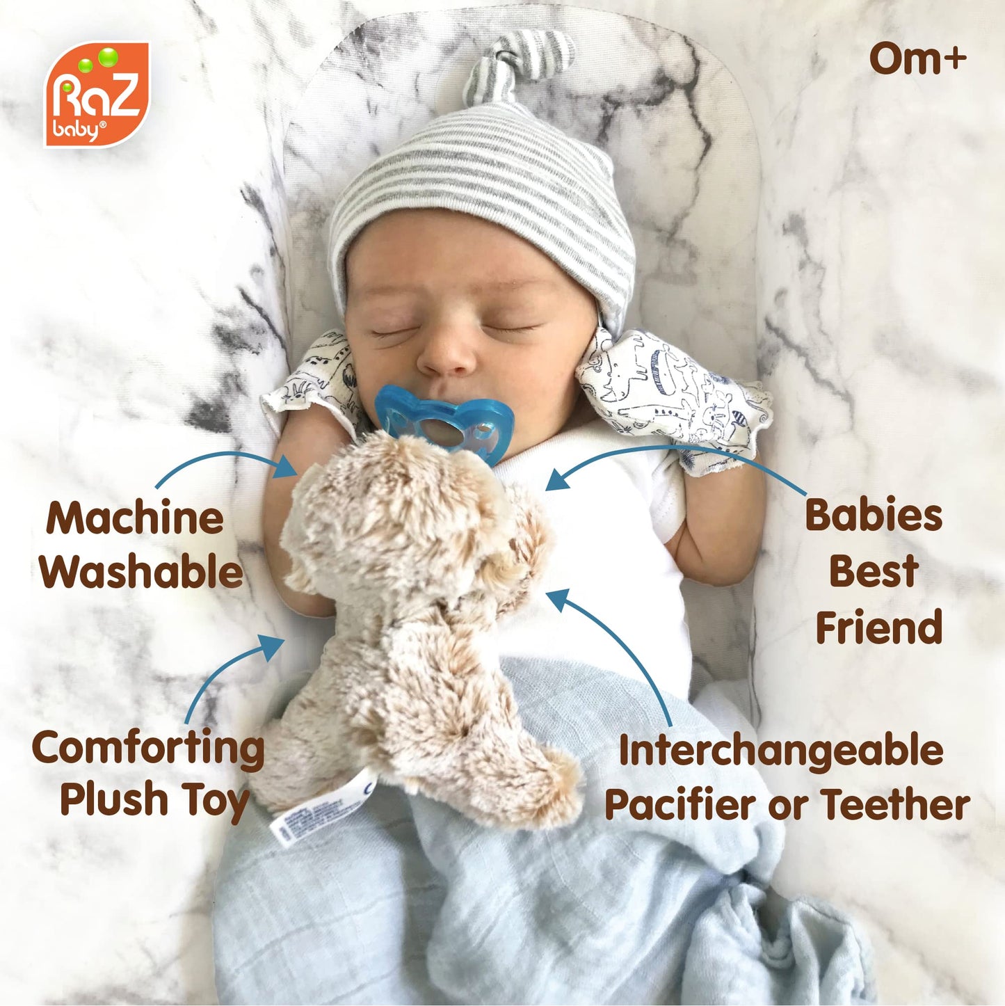 RaZbaby Penguin RaZbuddy w/RaZberry Teething Relief Pacifier – Soothes Sore Gums w/Nature-Inspired Texture, 100% BPA-Free Silicone Teether, Detachable Stuffed Animal – 3 Months+ Teether, Blue