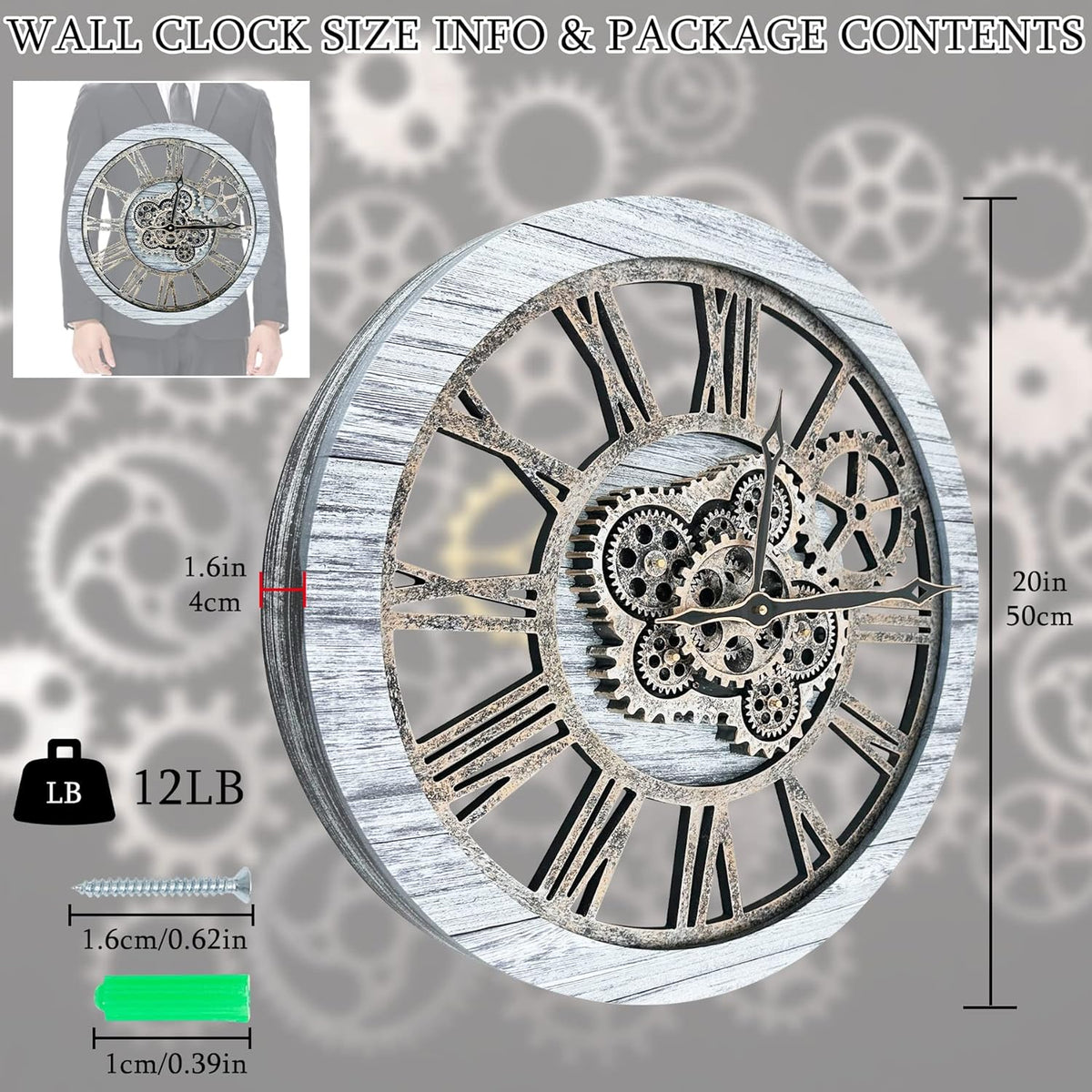 HOIBAI Wall Clock, Clocks for Living Room Decor 20 Inch Big Moving Gears Clock Farmhouse Vintage Rustic Wall Clock for Home Bedroom House Kitchen Wall Decor