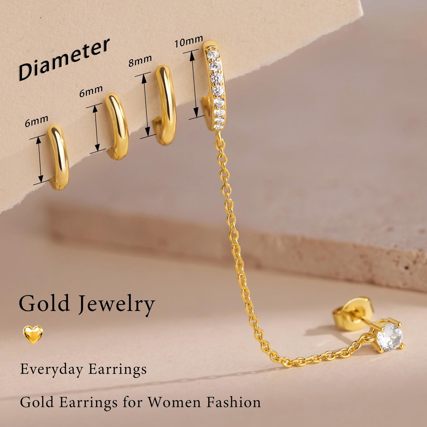 Gold Chain Hoop Stud Earrings for Women, Huggie Small Stack Cartilage Chain Hoop Stud Earring Sets for Multiple Double Piercing, Conch Helix Rook Tragus Daith Piercing Clip On Jewelry Set Gifts for Women
