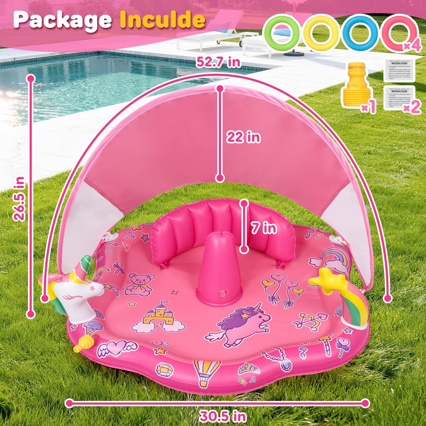 Baby Pool Float with Sprinkler, Inflatable Baby Splash Pad with Stackable Rings Game, Baby Splash Mat with Canopy & Backrest for Toddlers Garden, Beach, Backyard and Bathroom (Pink)
