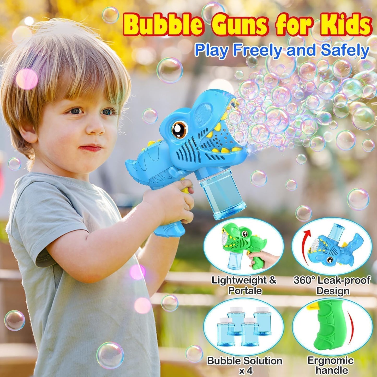 Kids Bubble Gun 2 Pack Dino Bubble Machine Gun for Toddlers with 4 Solutions Outdoor Toys Automatic 13-Hole Bubbles for Kids Blower Maker Easter Basket Stuffers Valentines Gift Party for Boys Girls