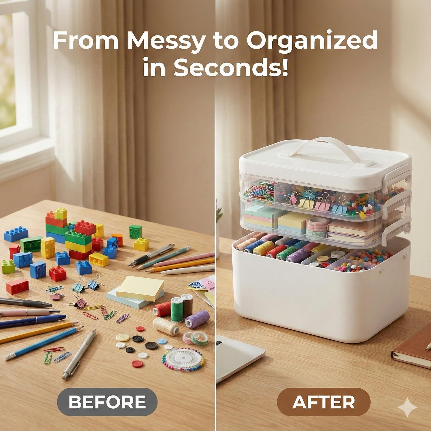 MERATIA 13.3 QT Art Supply Organizer Box with Handle, White 3-Tier Stackable Craft Storage Container with Removable Trays for Markers, Paints, Beads and Sewing Accessories 11.1''x7.7''x9.1''