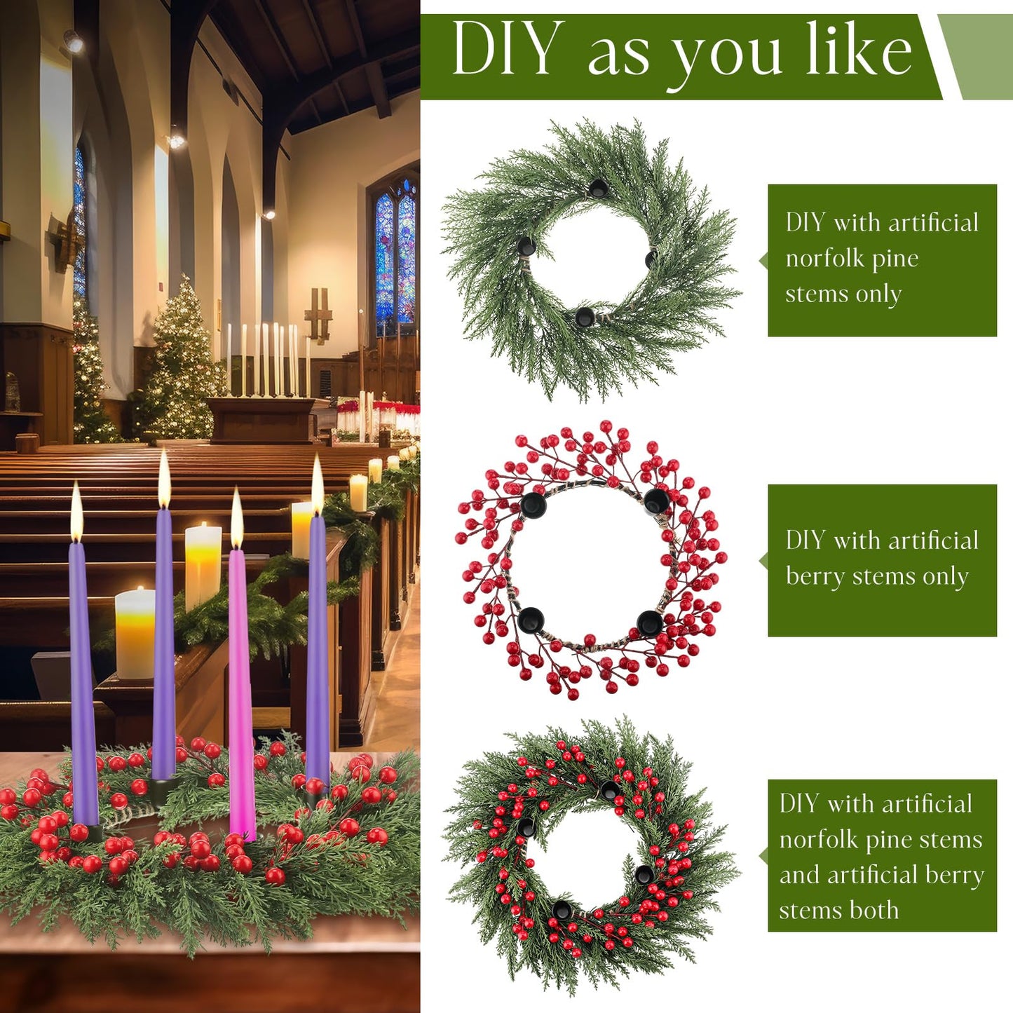 Kritkin Christmas Advent Wreath Ring DIY Candle Holder Traditional Catholic Christmas Decoration Set for Church Table Centerpiece Holiday Decorations Gift (Cypress)