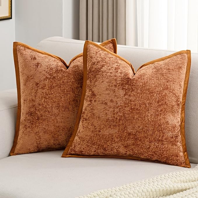 FUTEI Rust Chenille Throw Pillow Covers 22x22 Inch Set of 2,Soft Cozy Bound Edge Design Cushion Case,Home Decor for Couch Bed Living Room