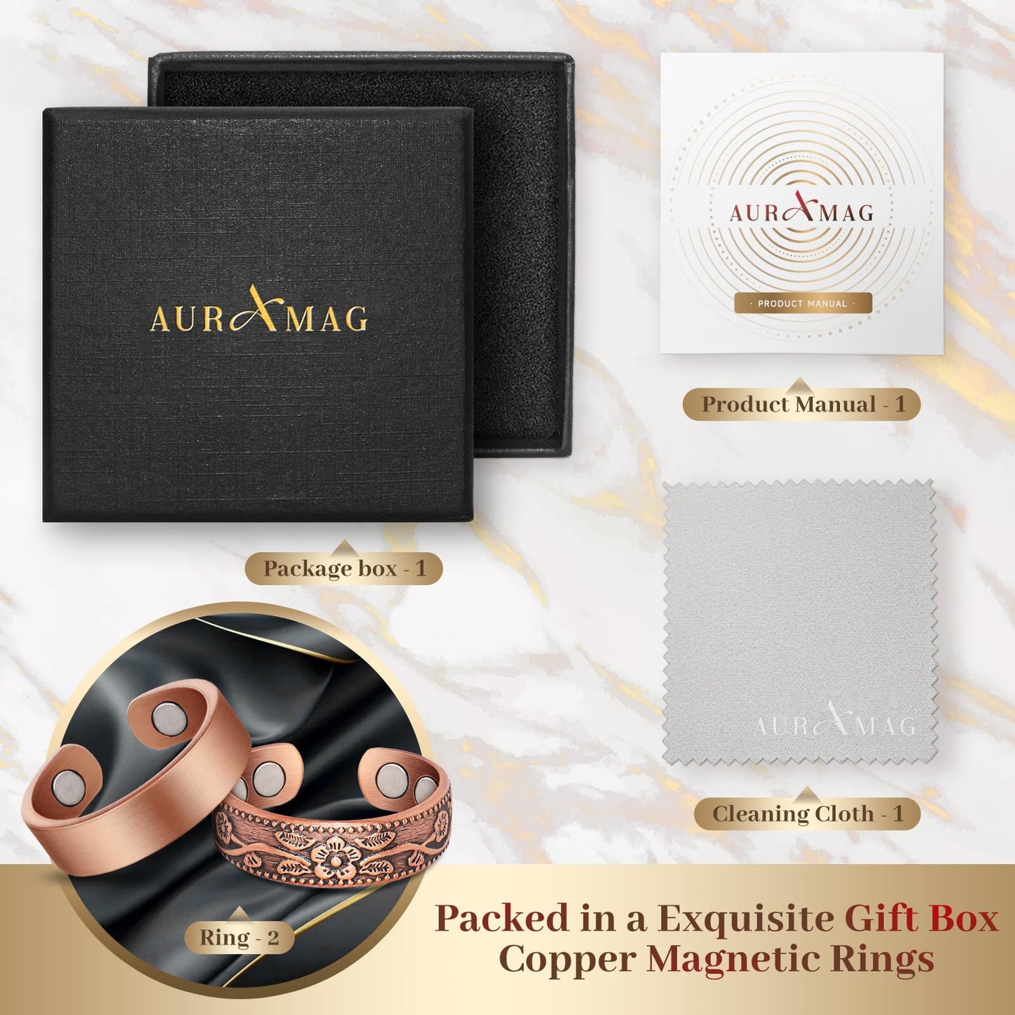 Auramag Copper Rings for Women, Thumb Rings 99.99% Pure Copper Magnetic Rings with 3500 Gauss Magnets, Copper Jewelry Gift Adjustable (2 PCS)