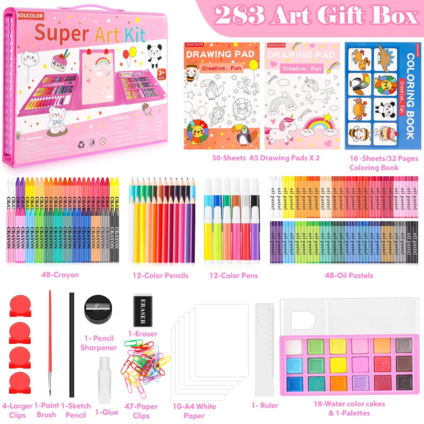 Soucolor Art Supplies, 283 Pieces Drawing Set Art Kits with Trifold Art Easel, 2 Drawing Pads, 1 Coloring Book, Crayons, Pastels, Arts Gifts Case, Coloring Set