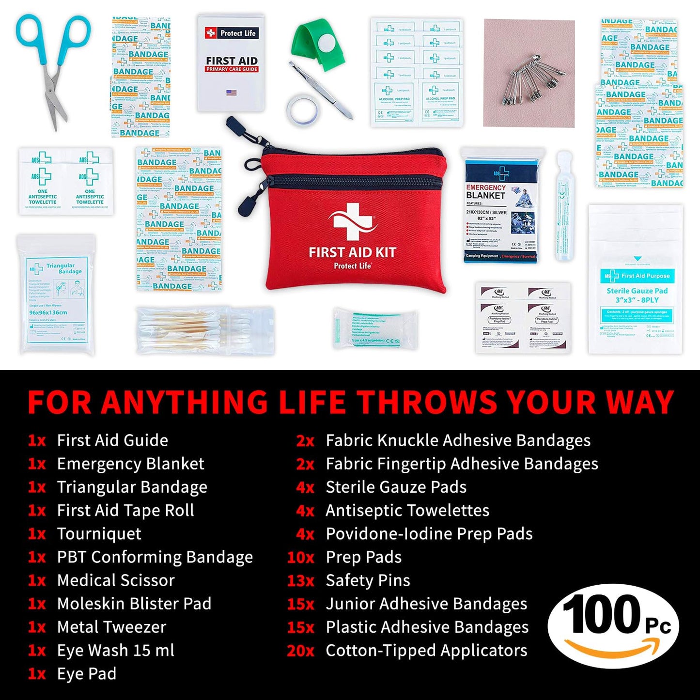Protect Life First Aid Kit, Travel First Aid Kit for Car, 100 Piece Compact Emergency Preparedness Starter Kit for Home, Office, Camping, Hiking