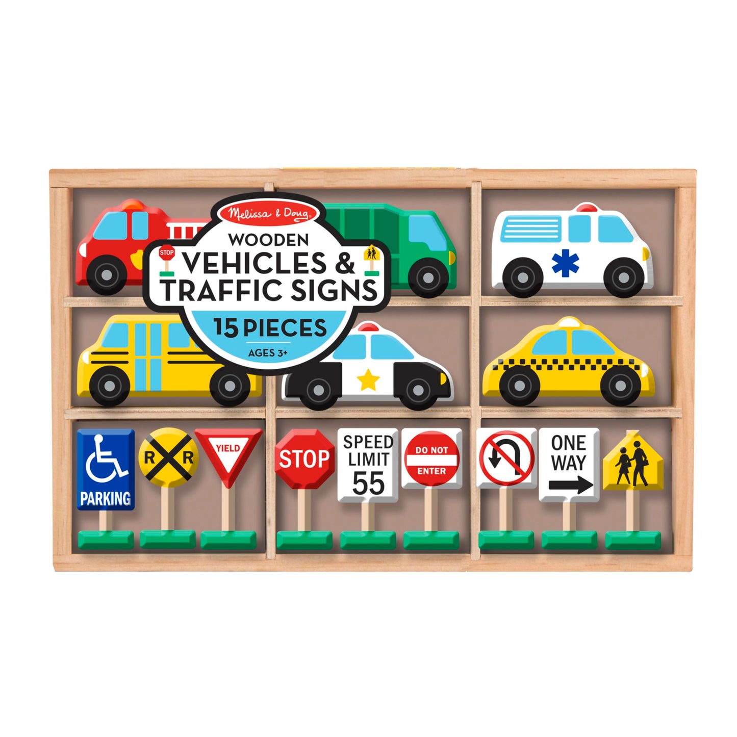 Melissa & Doug Wooden Vehicles and Traffic Signs with 6 Cars and 9 Signs