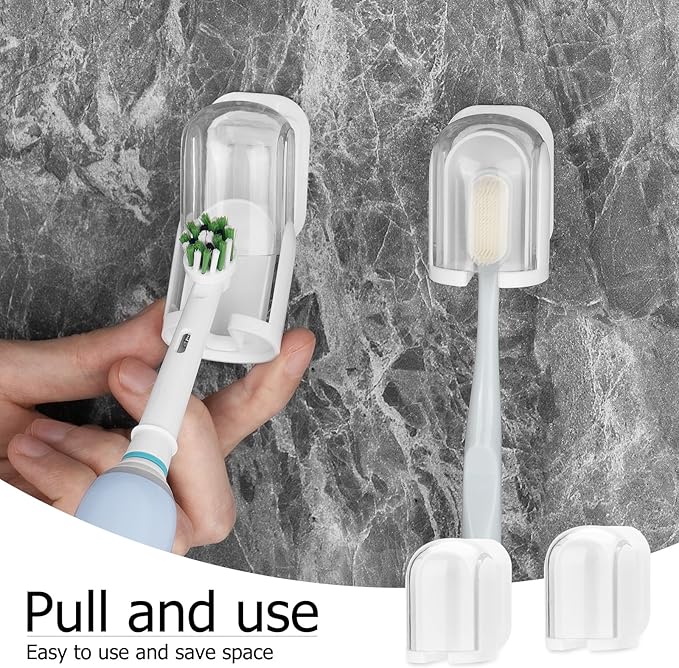 4Pack Toothbrush Holder Wall Mounted with Cover for Bathroom, Self-Adhesive Toothbrush Stand with Toothpaste Holder, Toothbrush Storage Organizer for Shower