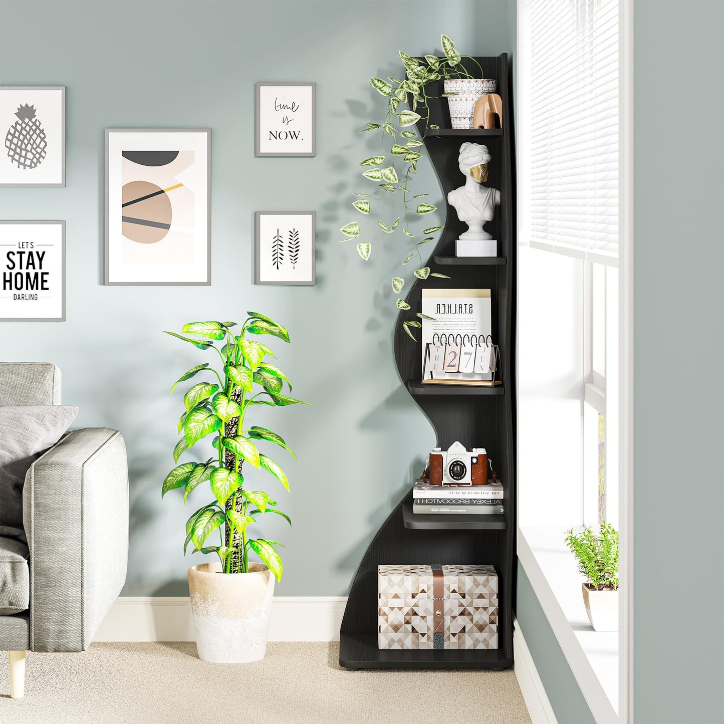 Tribesigns Corner Shelf, Modern 5-Tier Wall Corner Bookshelf, Stylish Corner Small Bookcase Storage Rack Plant Stand with Unique Shape for Living Room, Home Office, (1PC, Black)
