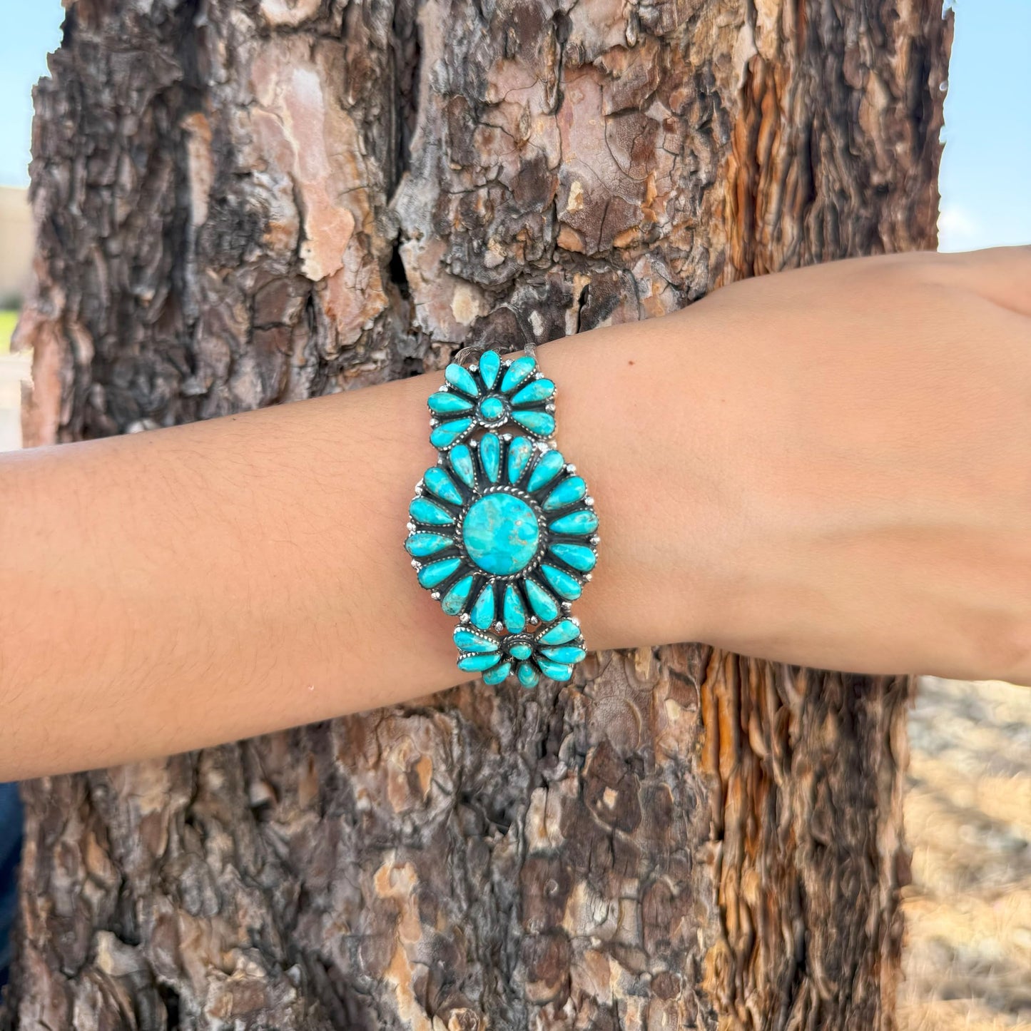 Southwest Style Genuine Gemstones 925 Sterling Silver Cluster Bracelet (Turquoise)