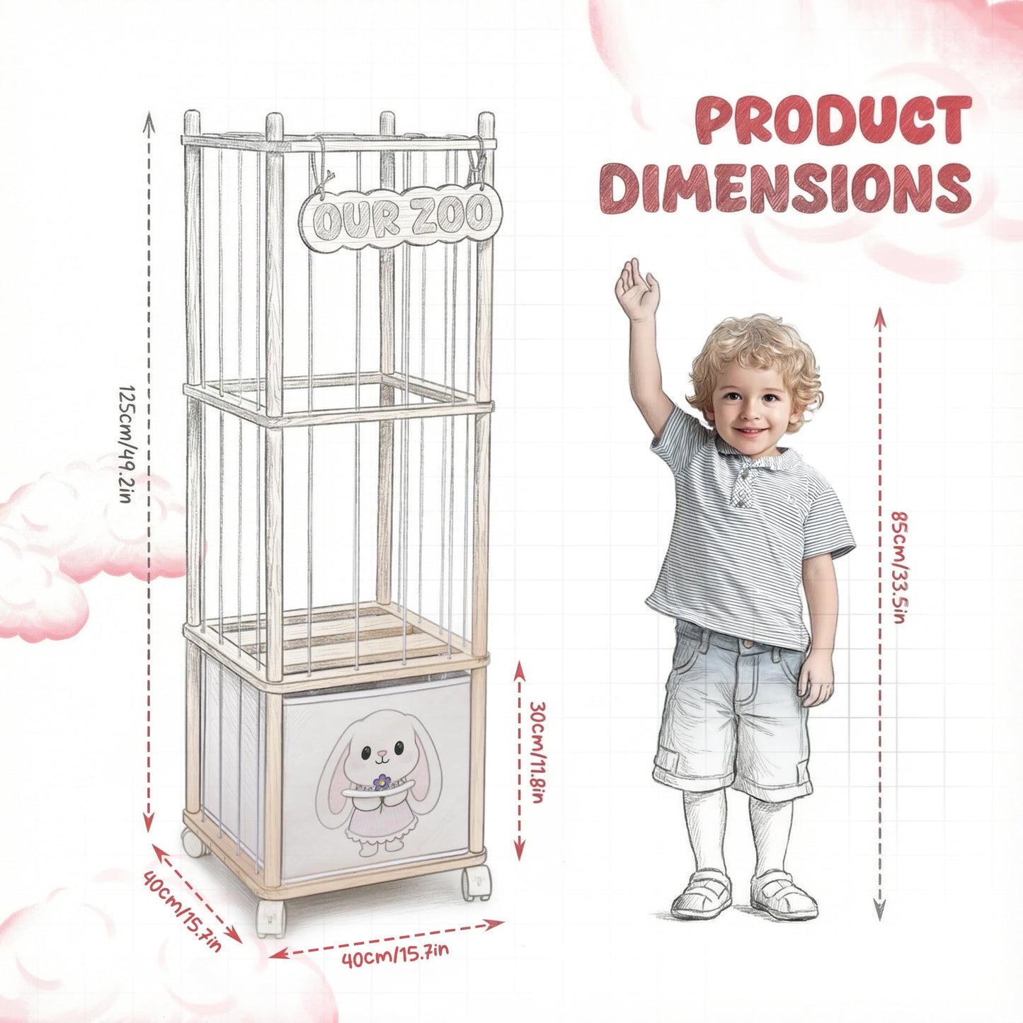JoyPcsTable Stuffed Animal Storage with Removable Fabric Bins & Locking Wheels, 2-in-1 Wooden Toy Organizer and Display Shelf - Space-Saving for Playroom, Bedroom, Nursery