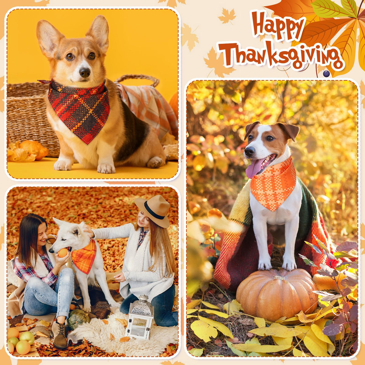 Sweetude 60 Pcs Fall Dog Bandanas Bulk Adjustable Plaid Pet Scarves,M