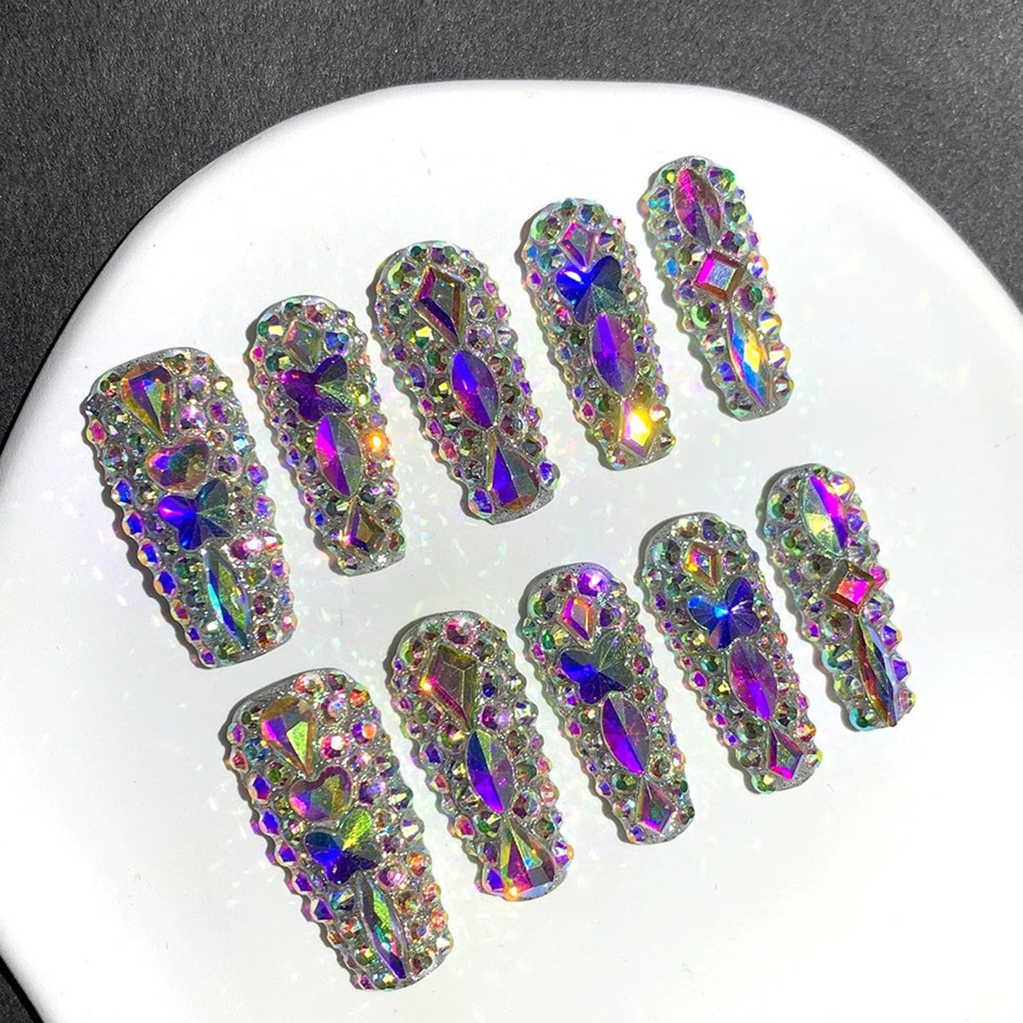 Luxury Handmade Press on Nails Long Coffin Fake Nails Rhinestone Crystal Full Cover False Nails with Glue with Designs Sparkly Long Acrylic Nail Reusable Stick on Nail for Women 10Pcs(Size M)