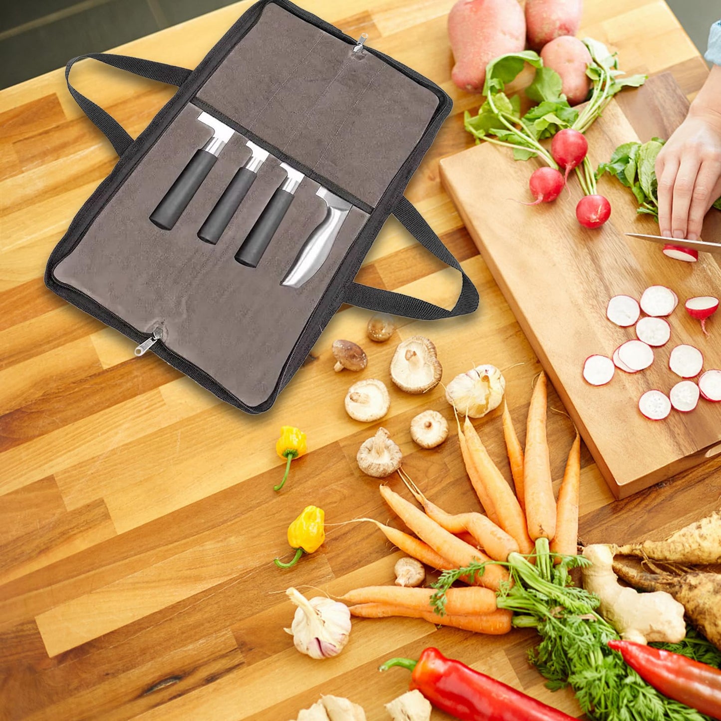 QEES Knife Roll,Heavy Duty Knife Bag,Waxed Canvas knife Case with 4 Slots For Knives & Kitchen Tools,Chef Knife Bag With Handle.Portable Knife Roll Bag For Chefs Culinary Traveling.Knives Pouch