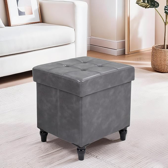 GLAXYFUR Storage Ottoman Bench, 15 Inches Foldable Ottoman Foot Stool with Legs, PU Leather Footrest for Living Room, Bedroom, Dorm (Grey)