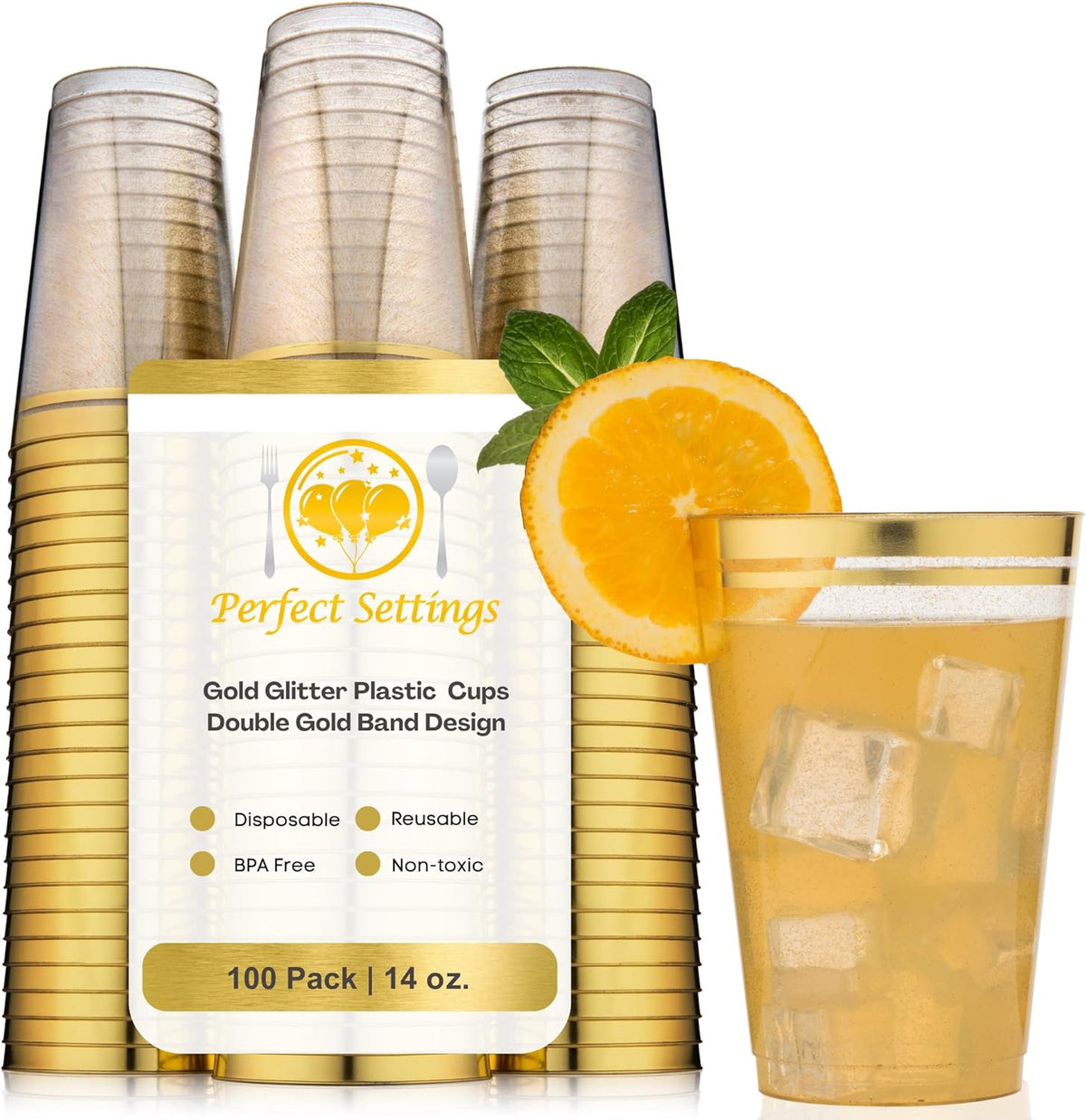 Perfect Settings 100 Premium 14oz Hard Plastic Cups Clear Glitter Gold Plastic Double Line Rimmed Cups Fancy Disposable Wedding Cups Elegant Party Cups with Twin Colored Rim (Glitter Gold Rim, 14)