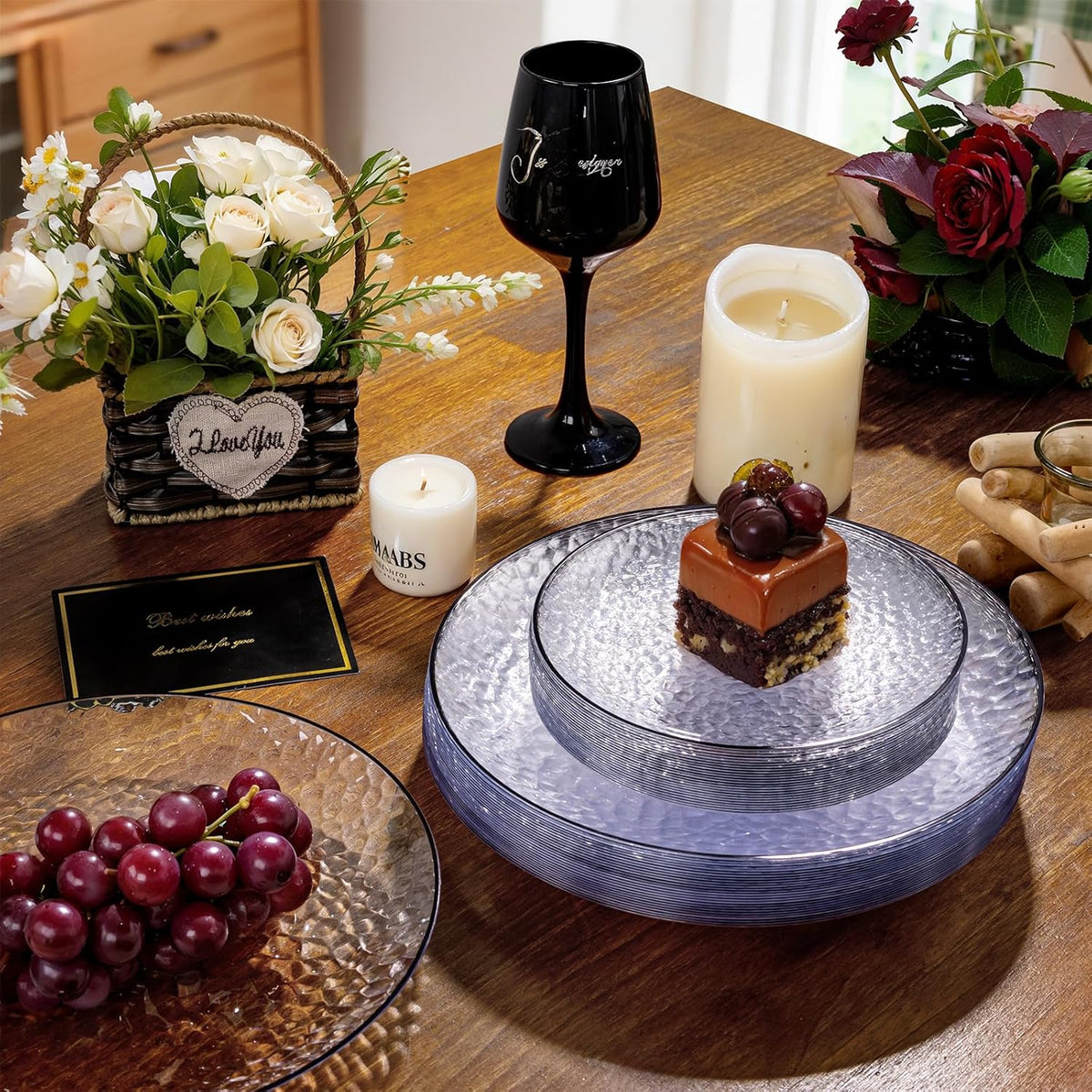 Rubtlamp 60Pcs Halloween Plastic Plates, Black Heavy Duty Plastic Plates, Clear Disposable Party Plates, Hammered Fancy Disposable Plates Include 30 Clear Dinner Plates, 30 Black Salad Plates