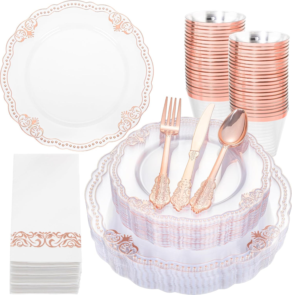 Ciaell 175 PCS Rose and Gold Plastic Plates - Fancy Rose Gold Disposable Dinnerware Set with of 50 Plates, 25 Knives, 25 Forks, 25 Spoons, 25 Cups, 25 Napkins for Wedding & Party