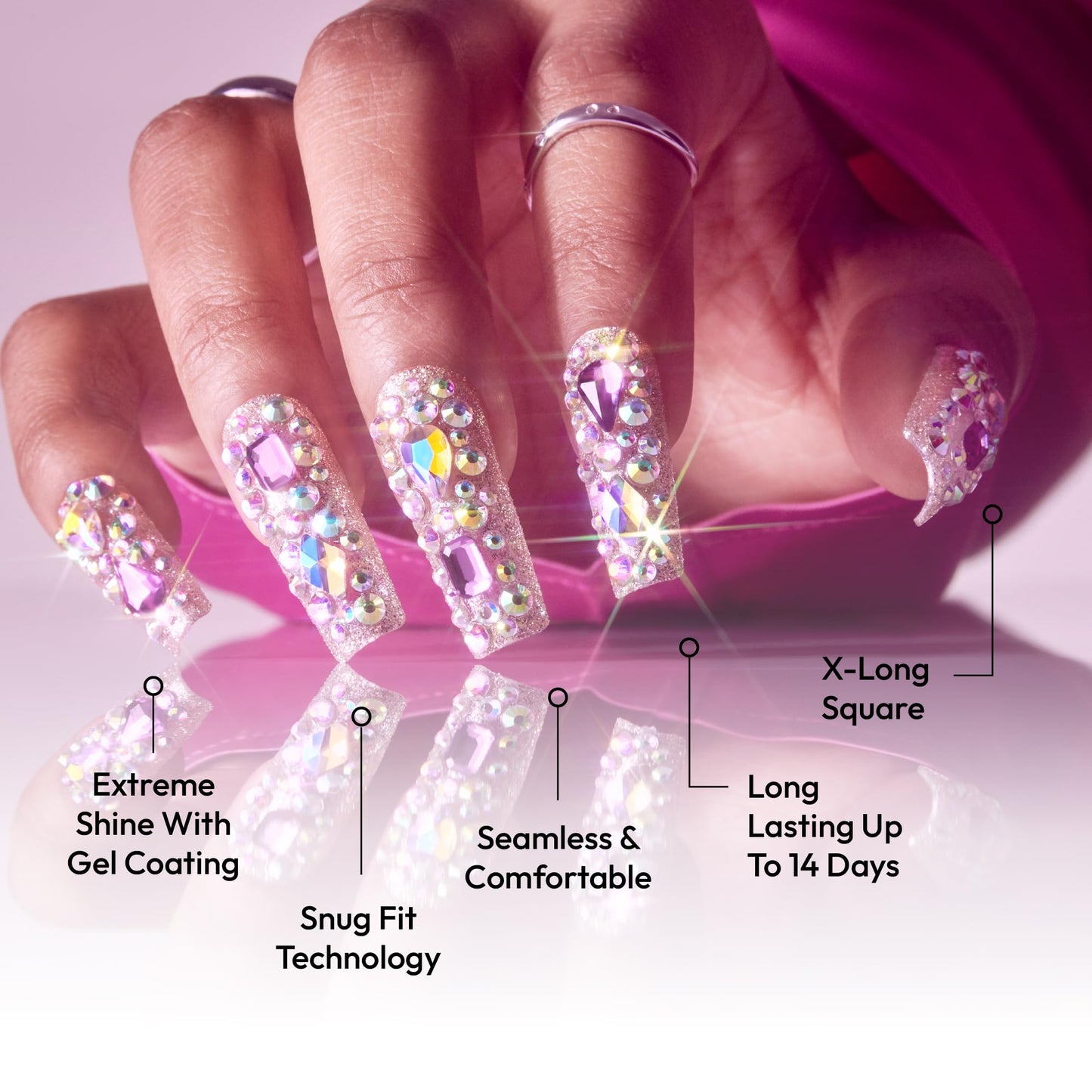 Glitzy 3D Handmade Press On Nail Kit, Multicolor Rhinestone Gem X-Long Square False Nail, Reusable & Lasts Up To 2 Weeks, Seamless Snug Fit Technology, Includes Glue, File & 28Pcs Manicure Set