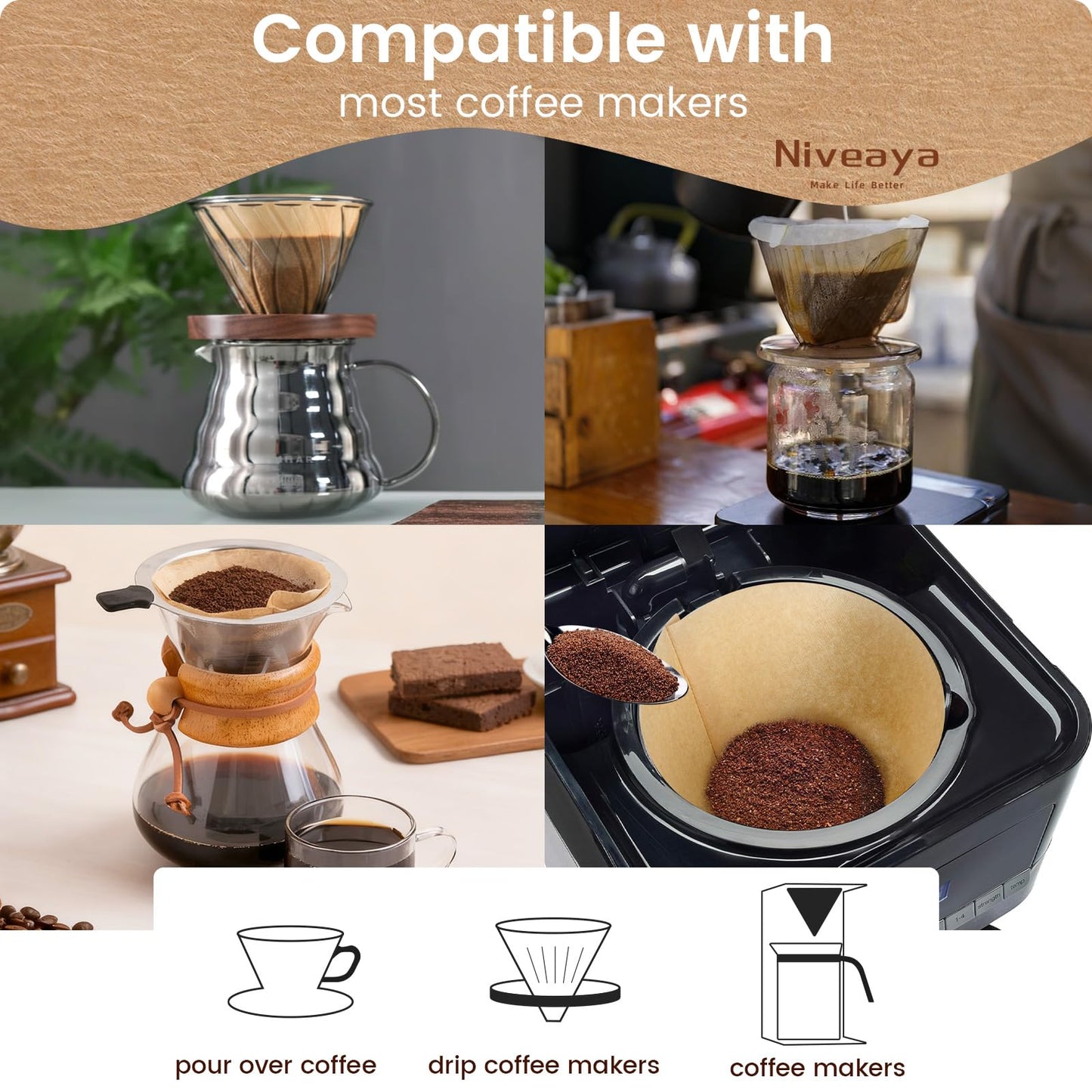 Niveaya Coffee Filters 300 Count, Cone Coffee Filter #4, Natural Paper Coffee Filter 8-12Cup (natural brown-300pcs, 04)