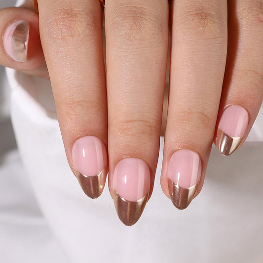 WAFOLOZE French Tip Press On Nails Almond - Short Fake Nails with Gold French Designs, Artificial Nails 16 Sizes - 32Pcs Reusable Soft Gel False Nails Tips Kit, Stick On Nails for Women