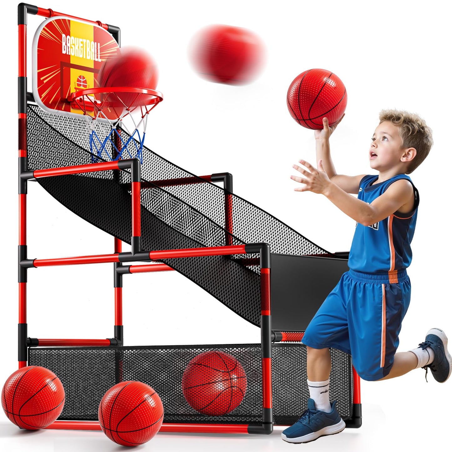 KIZONLY Arcade Basketball Game Indoor, Kids Ajustable Basketball Hoop, Outdoor Carnival Sports Play Toy with 4 Balls and Air Pump, Educational Birthday Gift for Boys Girls 3 4 5 6 7 8 Year Old (Red)