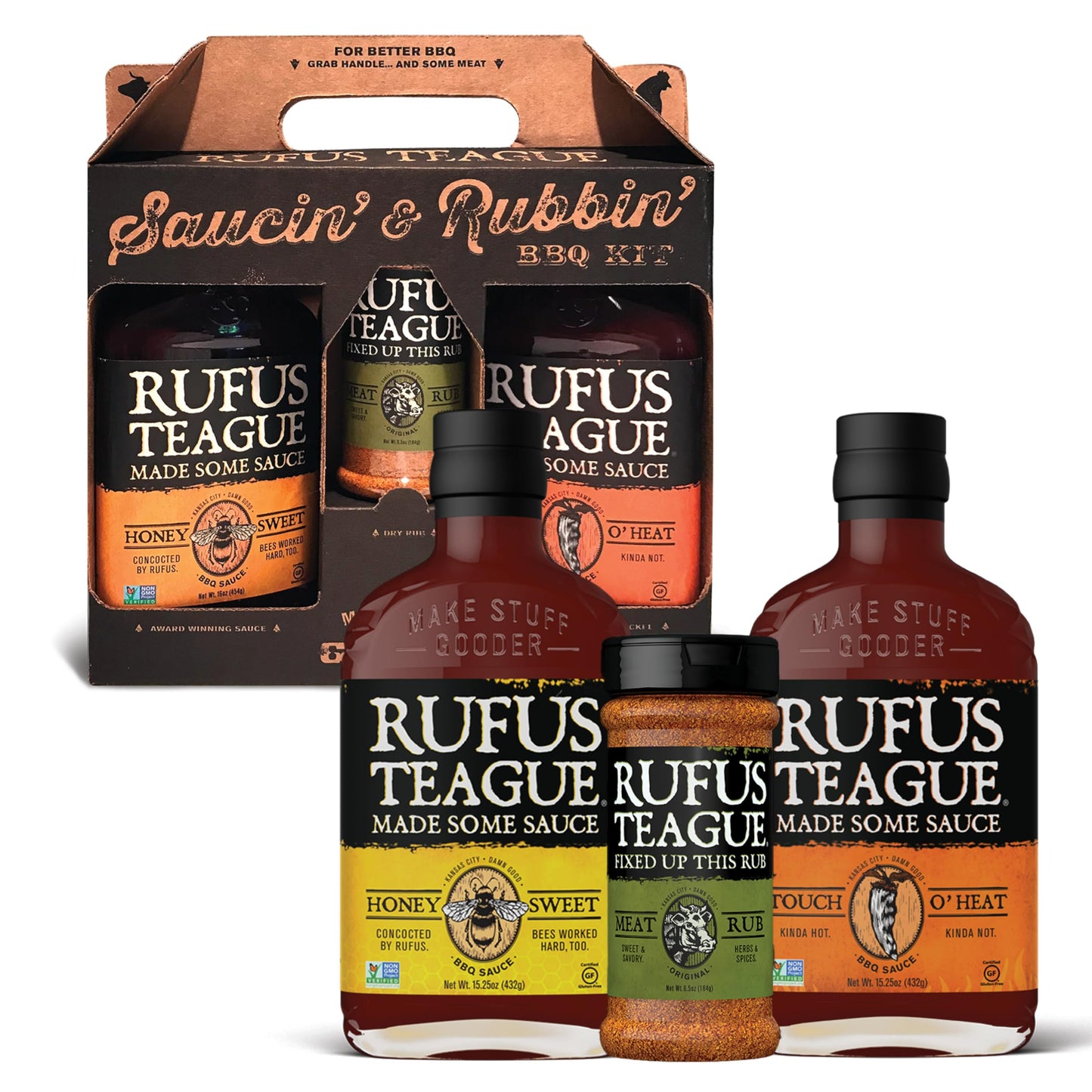 Rufus Teague BBQ Sauce & Rub BBQ Gift Set, Saucin' & Rubbin' Tote with Honey Sweet, Touch O' Heat, and Meat Rub, Great Grilling and 3-Piece Cooking Gift, Made in USA
