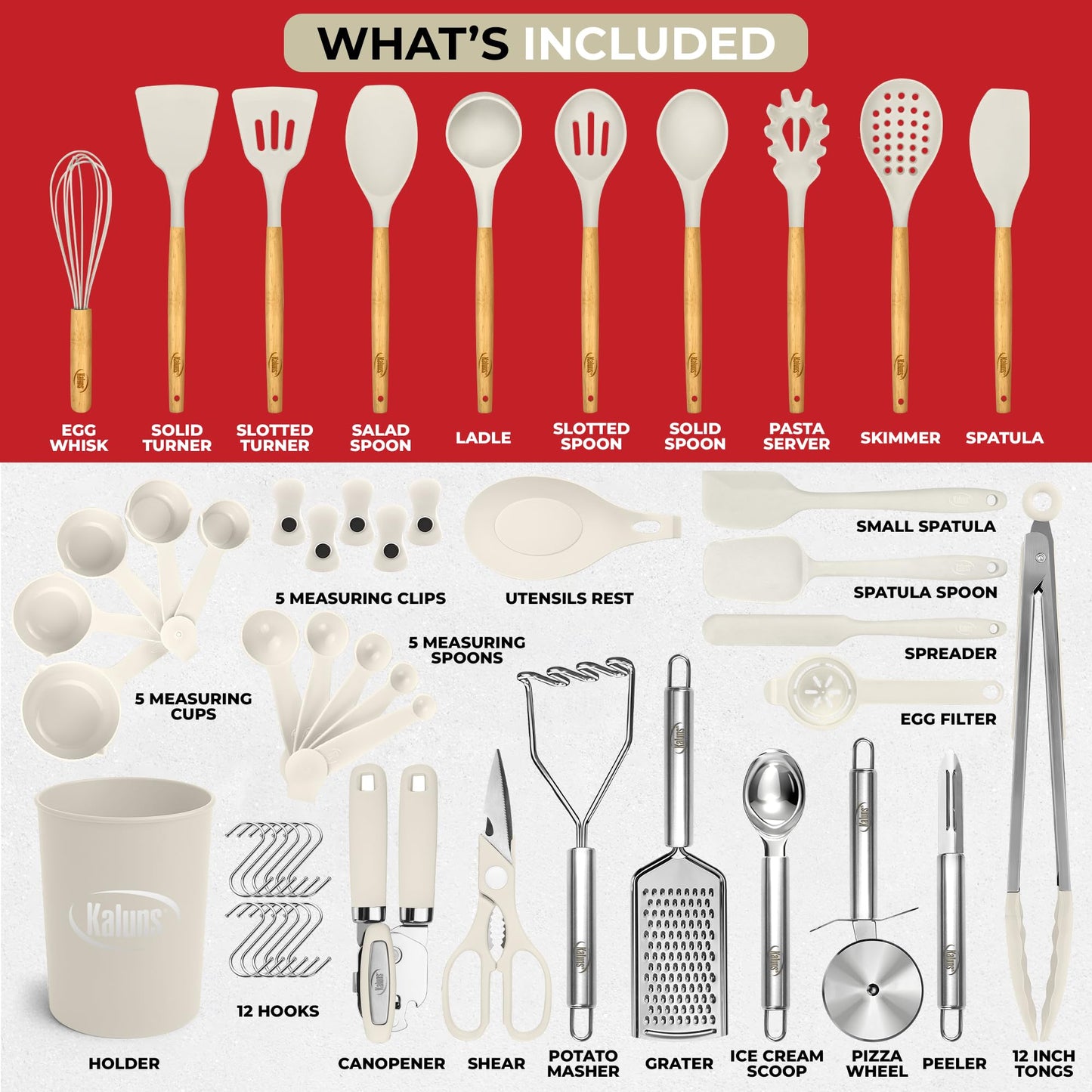 Kaluns 50 PCS Silicone Kitchen Utensils Set Complete Kitchen Set - 800°F Heat Resistant Non-Stick Premium Cooking Utensils W Wooden Handles - Can Opener, Masher, Turner, Silicone Spatula Set
