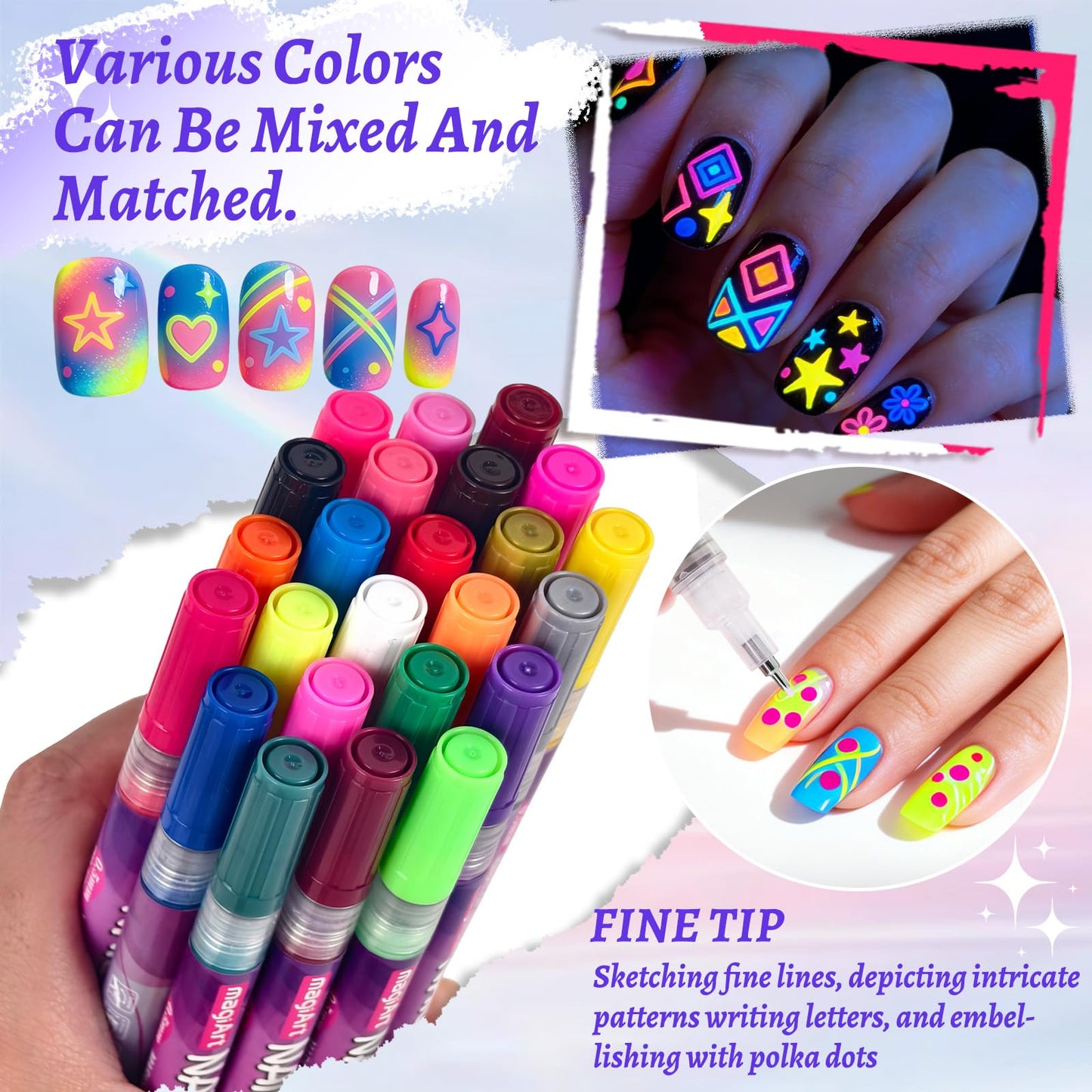 MKNZOME 24 Color Nail Art Pens, Nail Pigment Powder Palette, Waterproof DIY Nails Art Design Manicure Tools