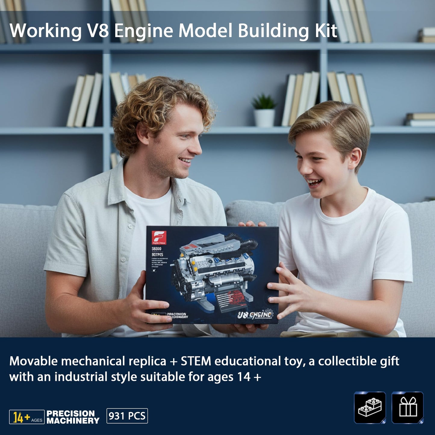HUNKING Working V8 Engine Model Building Kit, Block-Compatible, Physical Science Experiment STEM Toy, Collectible Ornament and Creative Gift for Teens Aged 14+ and Adults(931 PCS)