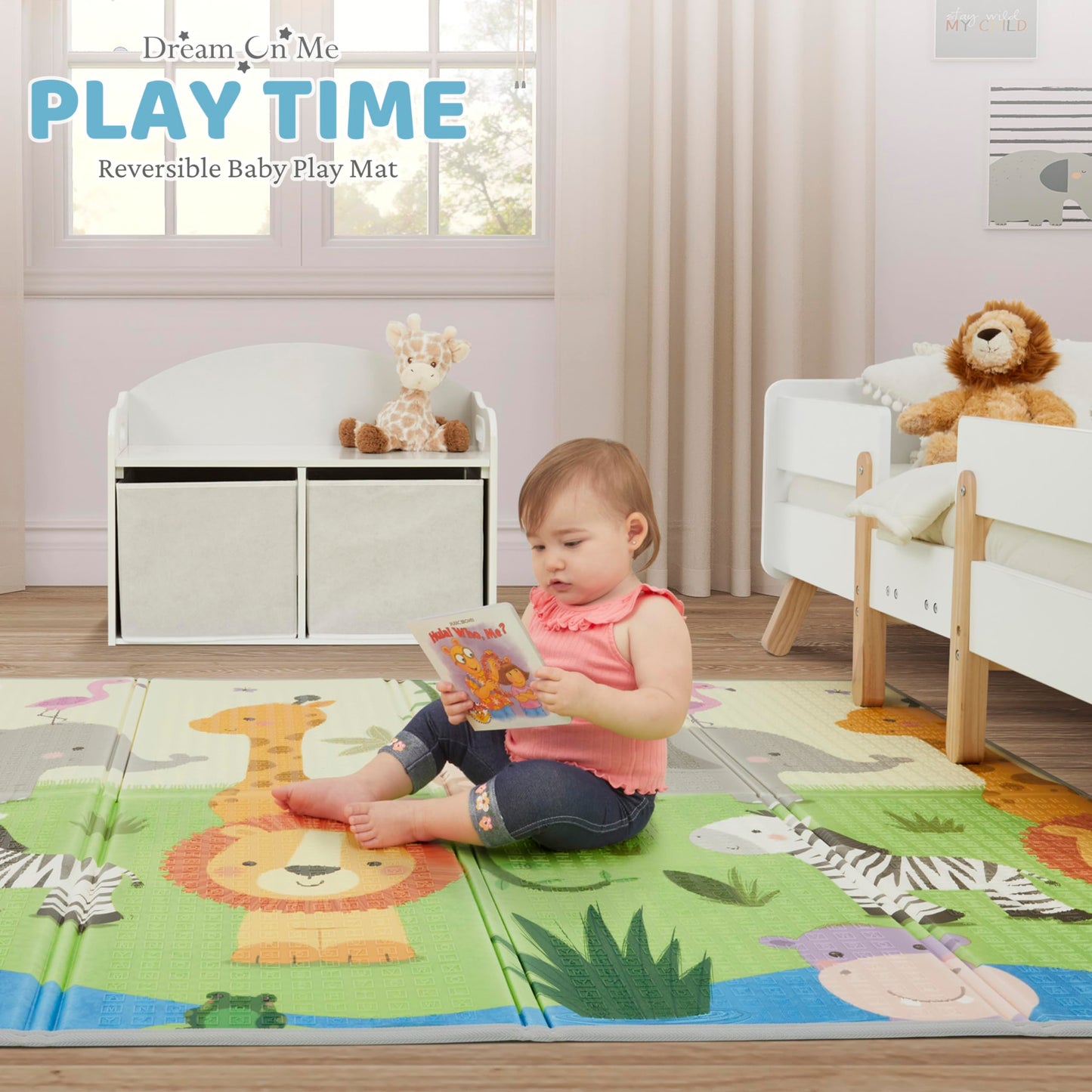 Dream On Me Play Time Reversible Baby Play Mat Foldable Extra Large Thick Foam Crawling Playmats for Toddlers Waterproof Portable Playmat, Happy Feet