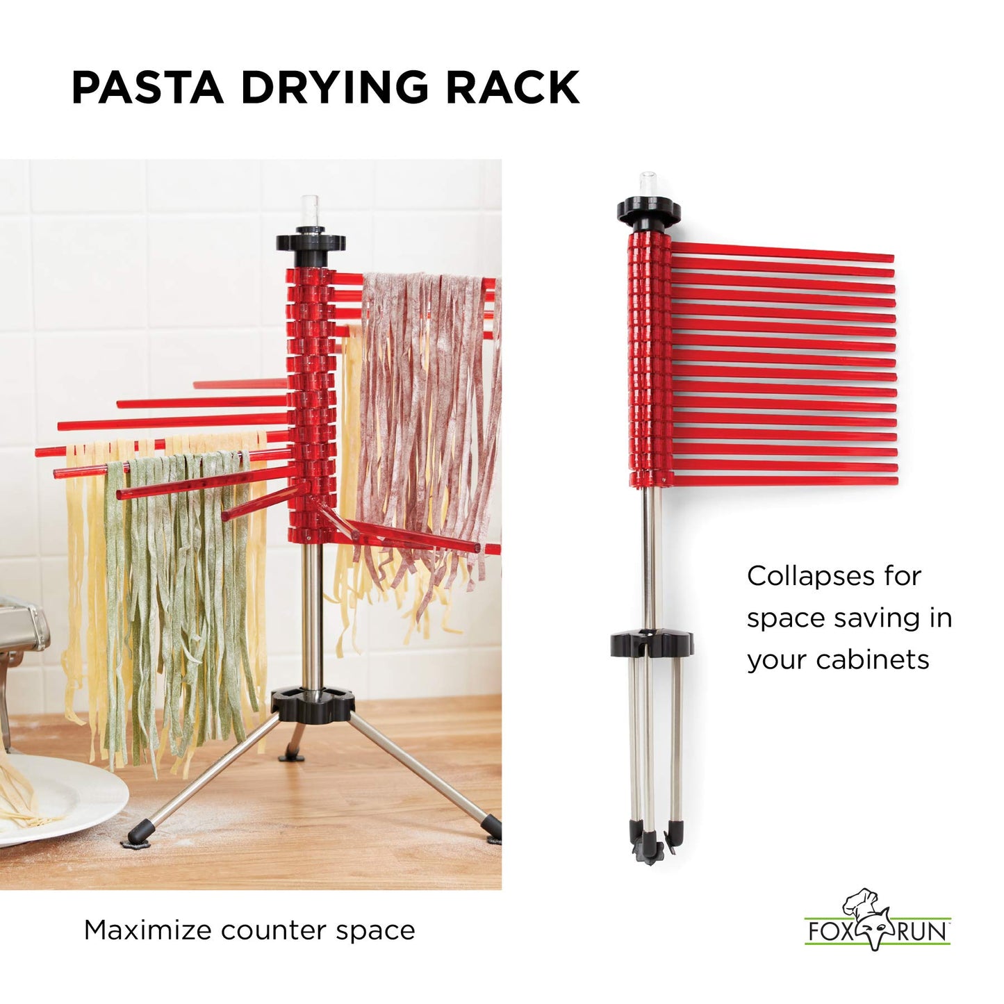 Fox Run Collapsible Pasta Drying Rack, 18.5", Red, Plastic with Rotating Arms