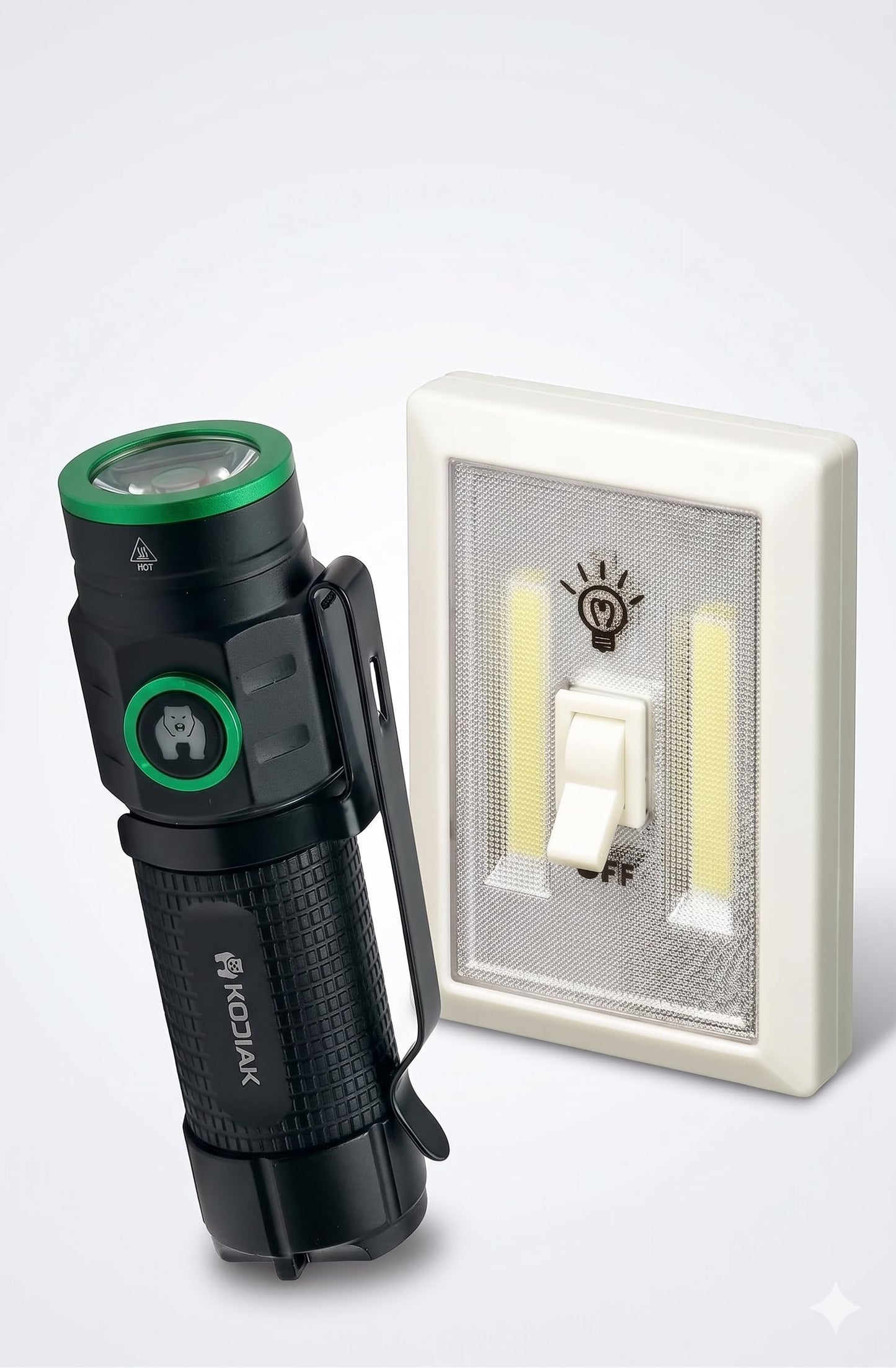 LitezAll 1000 Lumen Kodiak KUB Rechargeable Flashlight and COB LED Cordless Wall Switch Light Bundle | Complete Home & Portable Lighting Solution (AAA Batteries Included)