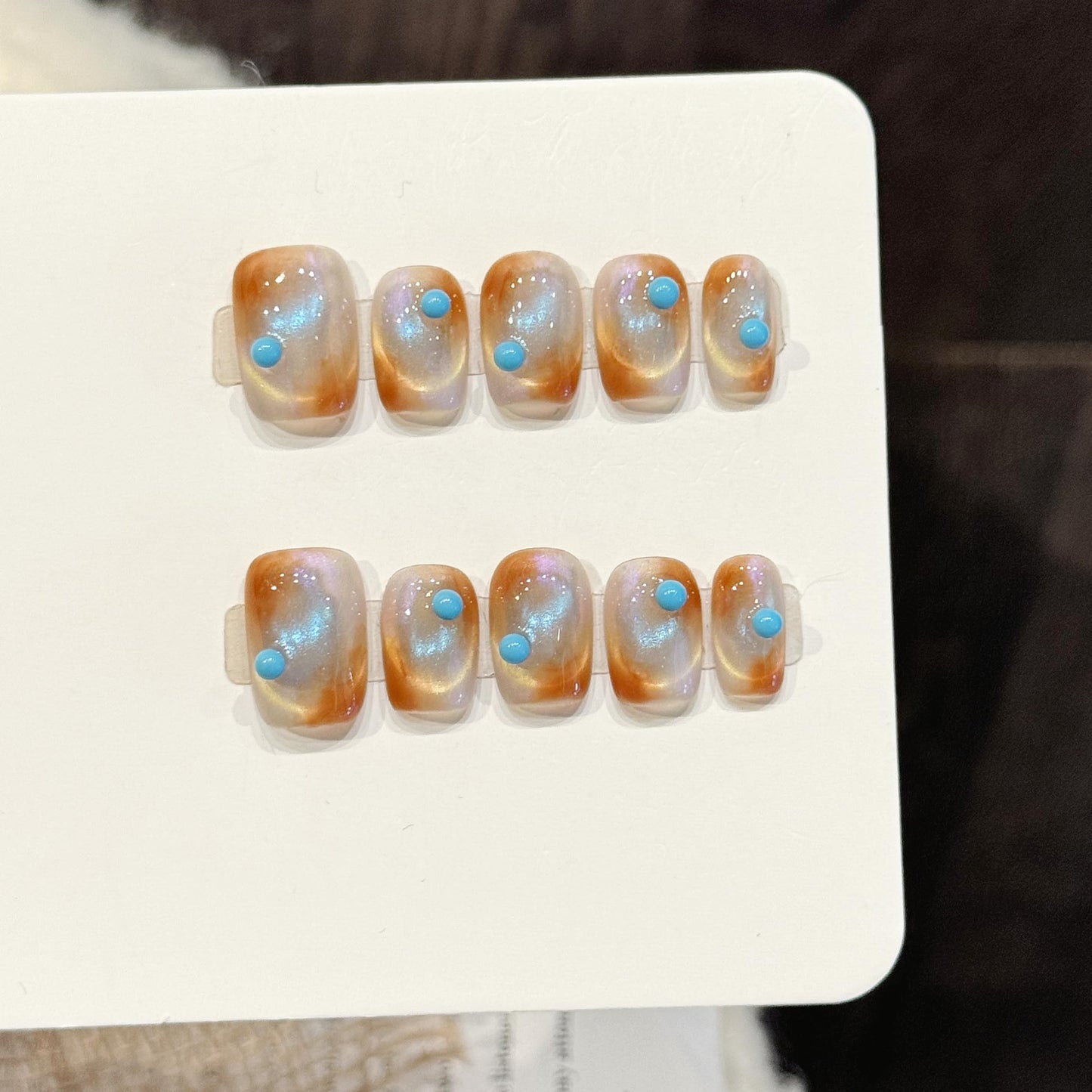 NLSJMP handmade press on Salon Quality nails Reusable short square little blue ball cat eye brown cute acrylic fake nails designed kit,10 pcs Size M #3354