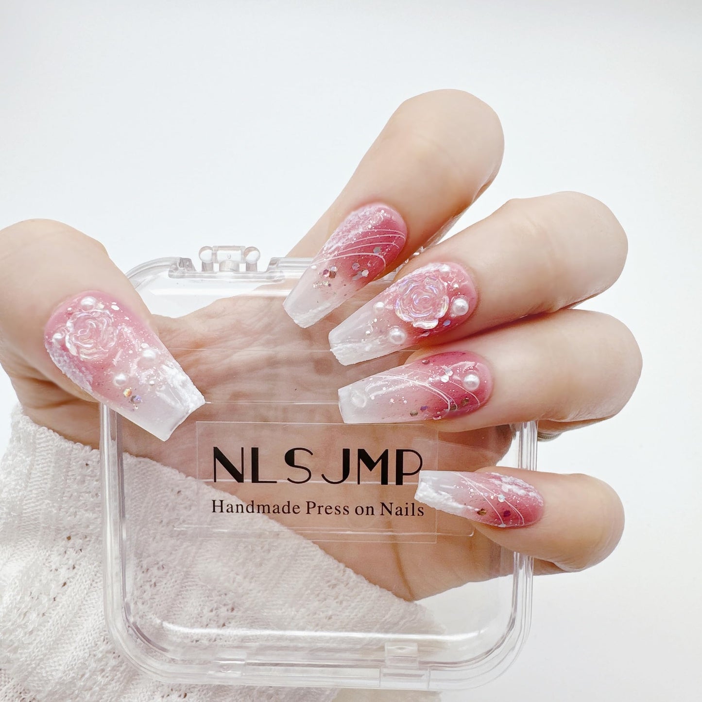 NLSJMP, 10 Nails, Size M, Handmade Long Balerina Press on Nails,Ombre Acrylic Fake Nails Kit,3D Glitter Pearl Design Nail Art Kit,Reusable False nails, Include Toolkit, Camellia