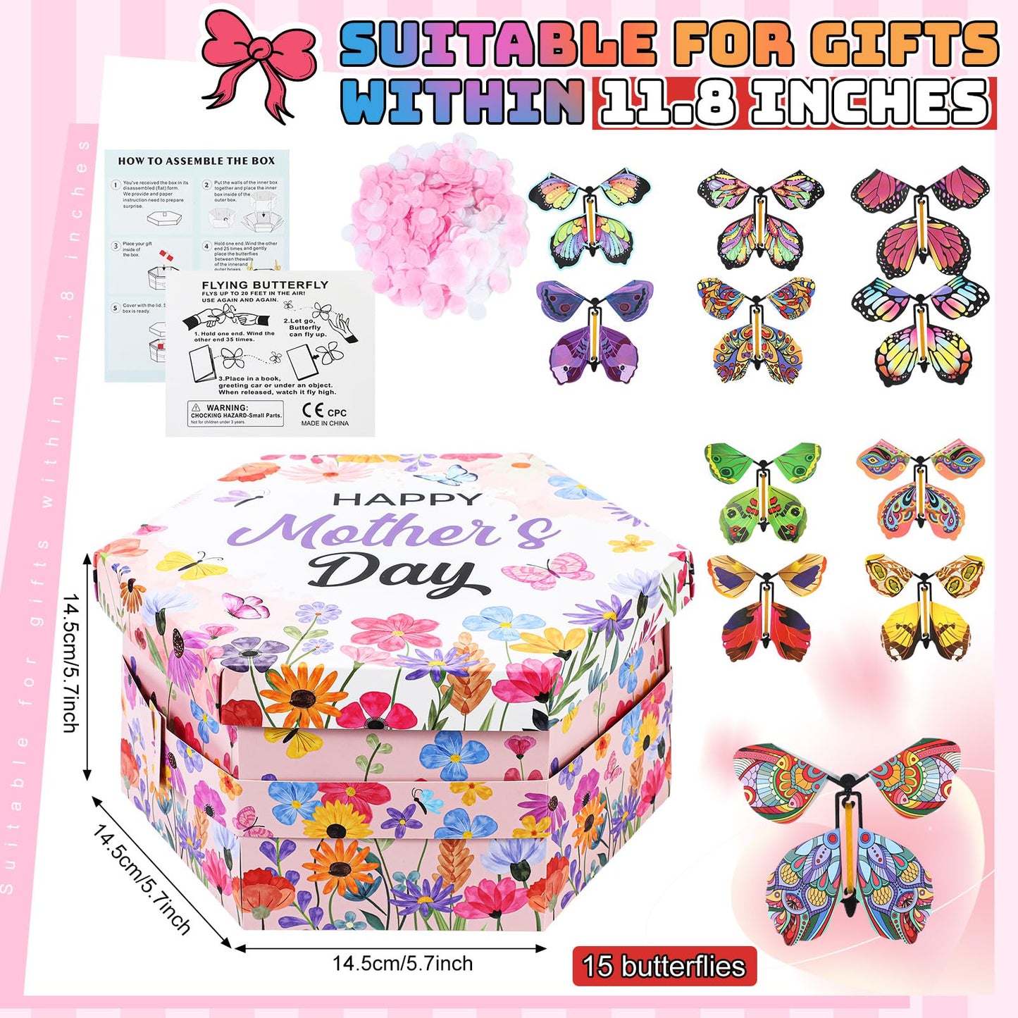AmazingSpark Happy Mother's Day Flying Butterfly Surprise Explosion Gift Box 5.7 x 5.7 x 5.7 Inches Gift Explosion Box with 15 Pcs Flying Butterfly Exploding Surprise Gift for Mother's Day Birthday