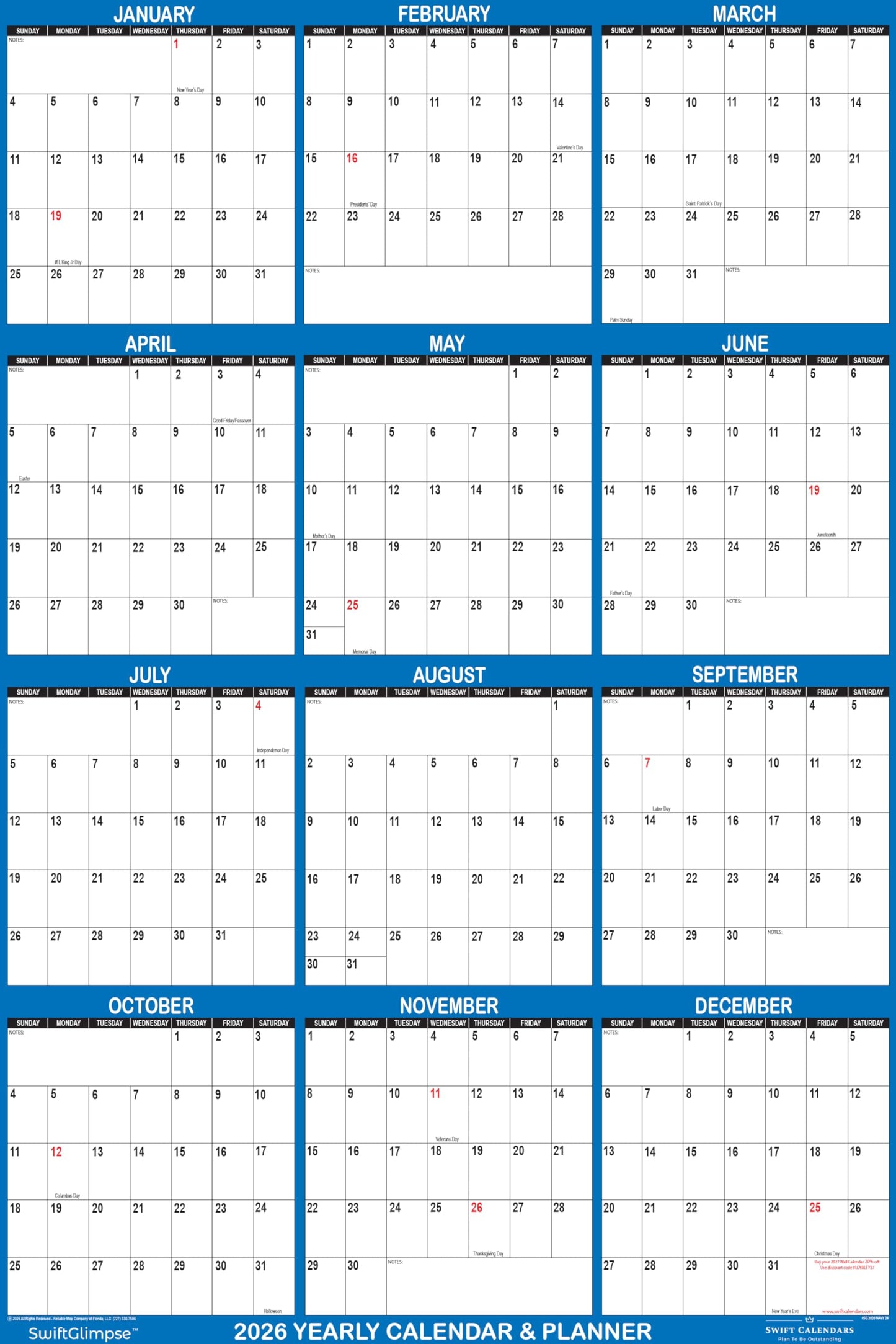 24" x 36" SwiftGlimpse 2026 Wall Calendar Erasable Large Wet & Dry Erase Laminated 12 Month Annual Yearly Wall Planner, Reversible, Horizontal/Vertical, Navy