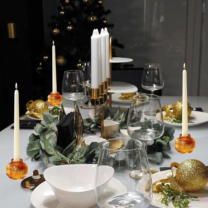 Woho Candlestick Holders Set of 4, Amber Votive Candle Holders for Fall Wedding Table Centerpiece, Ribbed Glass Taper Candle Holders for Dinner Party Halloween Thanksgiving Decor