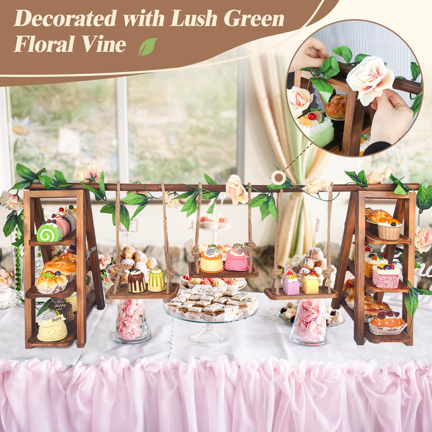 Wisreach Upgraded Large Wooden 3 Tier Swing Cupcake Stand with Flower Decor, Removable Trays, Foldable Ladder Display for Cake, Snacks, Fruit, Bread, Party & Catering Centerpieces