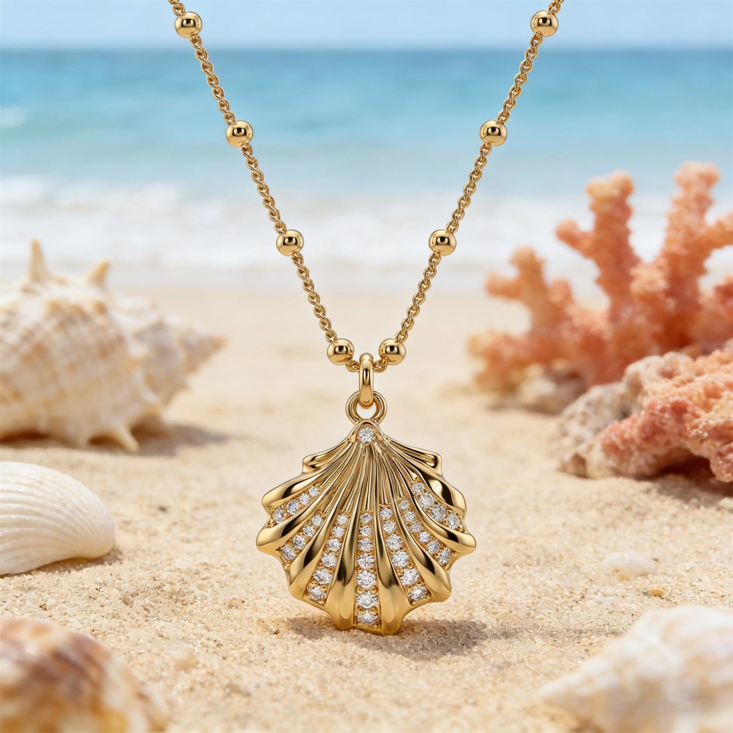 MEVECCO Dainty Gold Seashell Pendent Necklace for Women 18K Gold Plated Beach CZ Shell Necklace Boho Handmade Ocean jewelry
