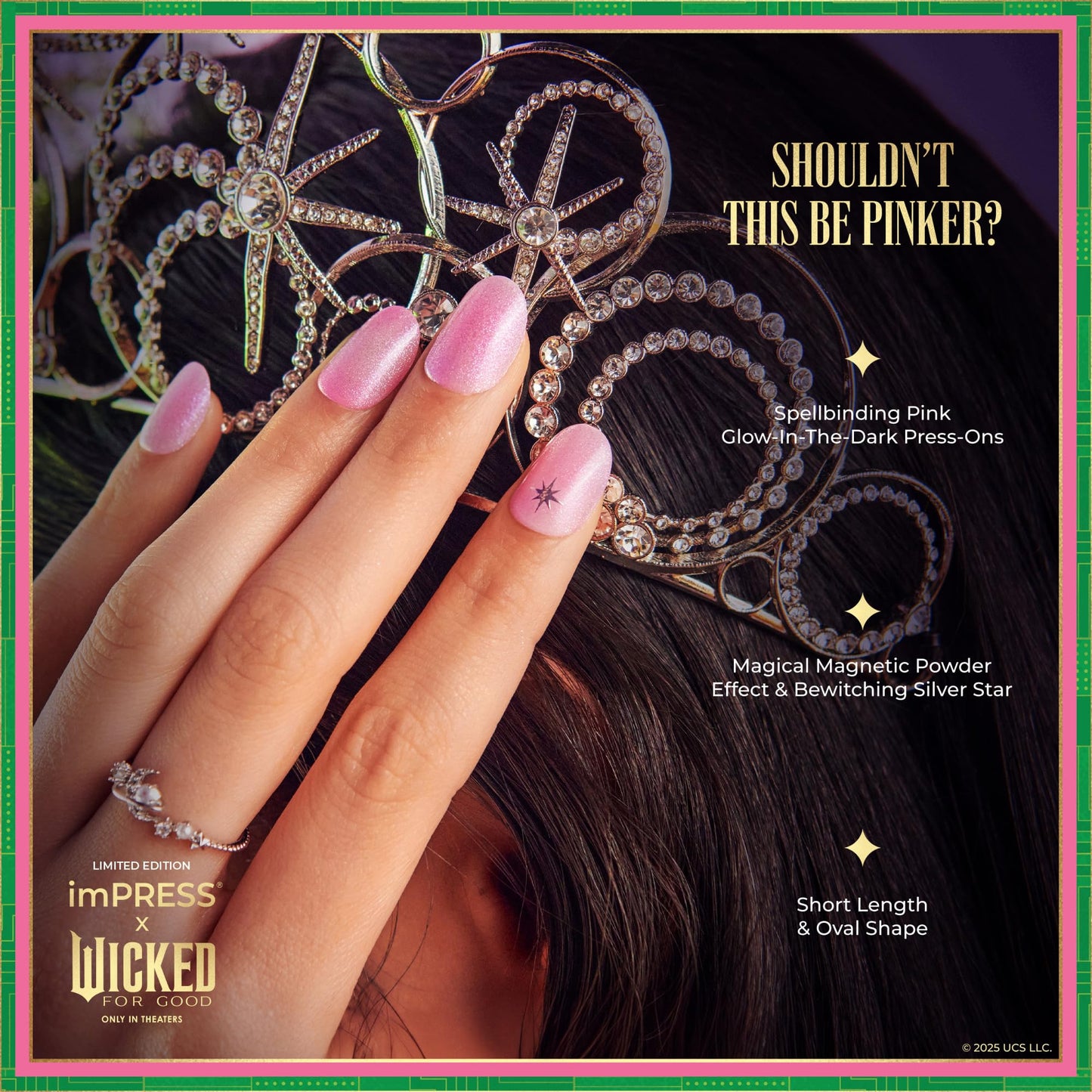 Impress X WICKED: FOR GOOD Press On Nails, ‘Shouldn't This Be Pinker?’, Pink, Short Oval, New Improved Adhesive, Up To 10 Day Hold, Includes 30 Fake Nails, 1 Prep Pad, 1 Manicure Stick, 1 Mini File