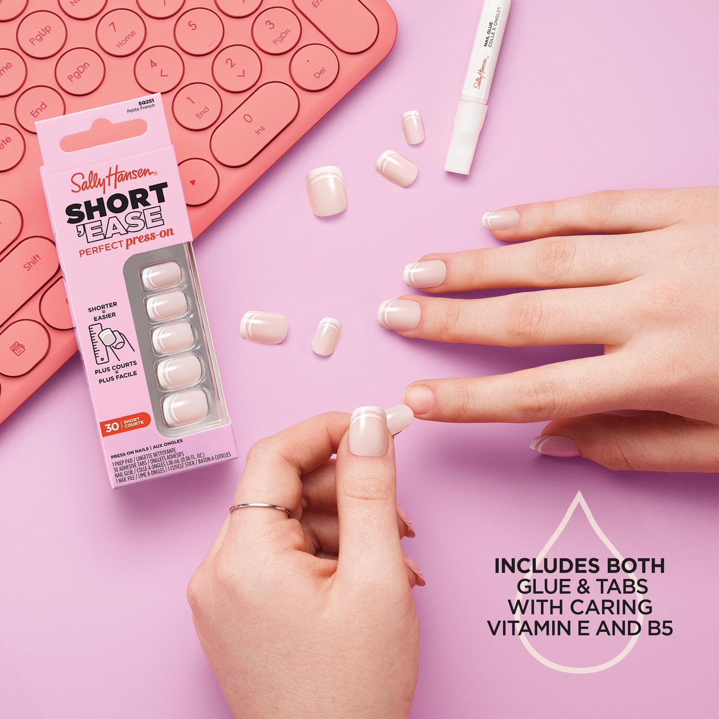 Sally Hansen Salon Effects Perfect Press-On Short'Ease Nails | Oval Shape | Easy to Apply, Non-Damaging, Natural Look Vitamin E & B5 | 30 Nails, Nail Glue, Adhesive Tabs, File| Short Queen
