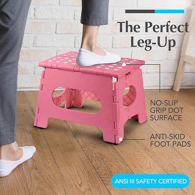 Handy Laundry Folding Lightweight Step Stool - Sturdy Enough to Support Adults and Safe Enough for Kids - Opens Easy with One Flip - Great for Kitchen, Bathroom or Bedroom (Pink - 9 Inch)
