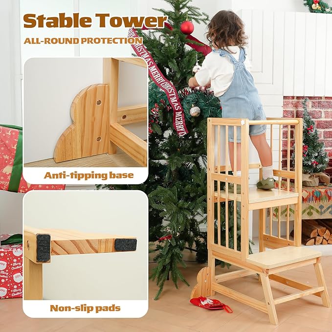 Toddler Tower, Kids Kitchen Step Stool with Safety Rails, Toddler Standing Tower Adjustable Height, Wooden Kitchen Stool for Kids, for Living Room Countertops and Bathroom Sinks(Natural)