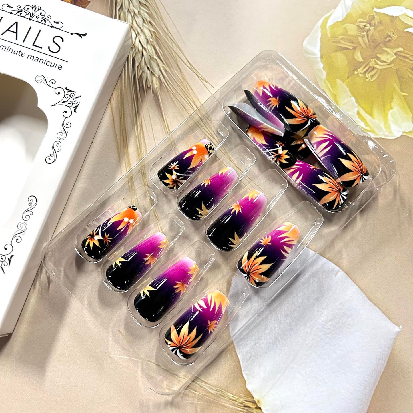 CJDLTS Autumn Press on Nails Medium Ballet Artificial Acrylic Fake Nails Gradient Maple Leaf Design Stick on Nail Full Cover Thanksgiving False Nail Artificial Fingernails for Women Festival Manicure