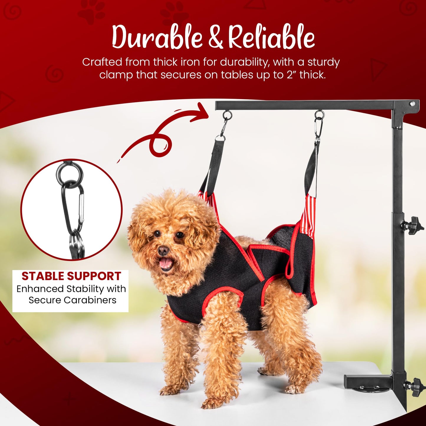Dog Grooming Arm with Clamp & Pet Grooming Hammock | 4 Extra Bundles | Dog Grooming Stand with Grooming Gloves, Shears & Comb & Nail File | Grooming Table Arm with Adjustable No Sit Haunch Holders