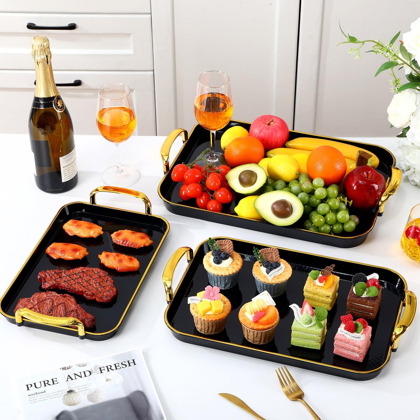 Rtteri Set of 6 Serving Platters with Handles 18.3/16.73/14.8 Inch Large Rectangular Serving Tray Reusable for Entertaining Dinner Party Wedding Decoration(Golden Handles,Black)